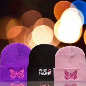 🍀Pink ribbon butterfly embroidery beanie